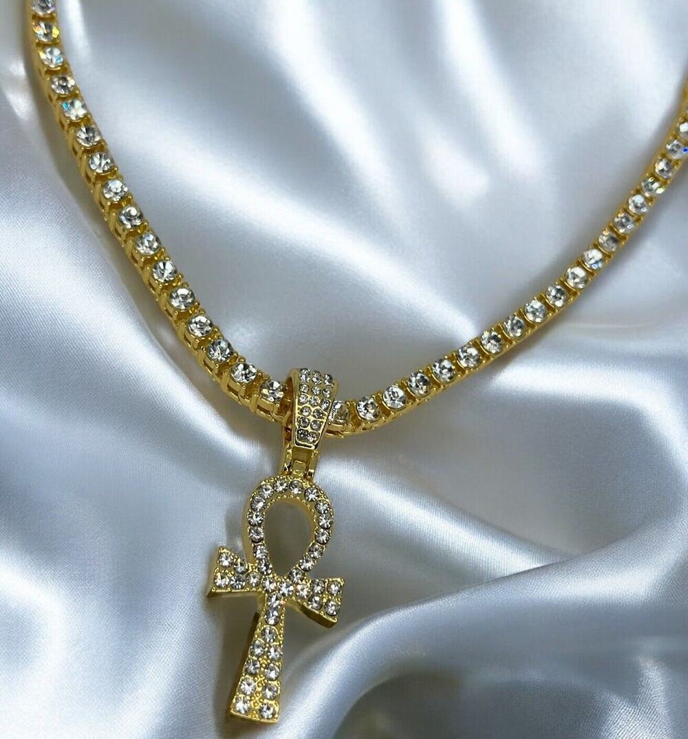 Gold Tone Ahnk Cross Tennis Pendant Necklace 23” Crystal Men's Faith Fashion NEW